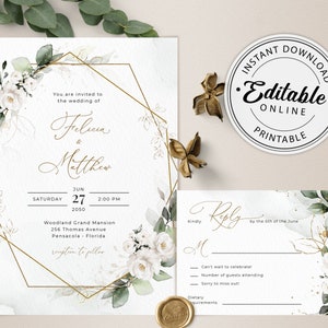 Greenery Wedding Invitation Template, Greenery Wedding Invite with White Roses • INSTANT DOWNLOAD • Editable, Printable Template, A109