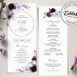 May include: Wedding ceremony programme with purple and white floral designs. The programme includes the wedding party, officiant, parents of the bride and groom, matron of honour, best man, bridesmaids, groomsmen, flower girl, ring bearer, and a thank you message from the bride and groom.