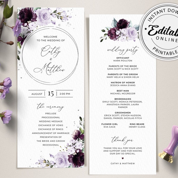 Wedding Program Template with Lavender and Purple Roses • INSTANT DOWNLOAD • Editable, Printable Template, A124