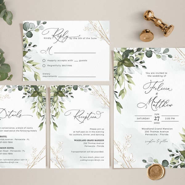 Boho Greenery Wedding Invitation Template Set, Wedding Templates Suite • INSTANT DOWNLOAD • Editable, Printable Template, A107