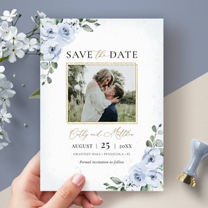 Dusty Blue Save the Date Template with Photo, Save the Date Template • INSTANT DOWNLOAD • Editable, Printable Template, #127