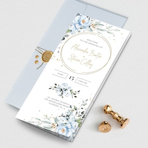 Plantilla de programa de boda tríptico con rosas azules, programa de boda tríptico celeste • DESCARGA INSTANTÁNEA • Plantilla editable e imprimible, A118