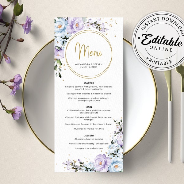 Lavender and Blue Menu Template (Wedding, Bridal Shower, Dinner, Brunch) • INSTANT DOWNLOAD • Editable, Printable Template, A100