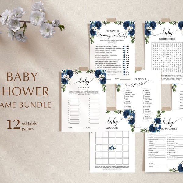 Navy Blue Baby Shower Games Template Bundle, Printable Baby Shower Games Pack, Baby Shower Activities, INSTANT DOWNLOAD, Editable Templates