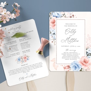 ファンダスティブルーとブラッシュピンクの結婚式プログラムテンプレート、結婚式式次第 • 即時ダウンロード • 編集可能、印刷可能なテンプレート、#122