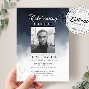 Funeral Announcement Card Template, Funeral Invitation Template, Editable, Printable Memorial Service/Reception Card Template