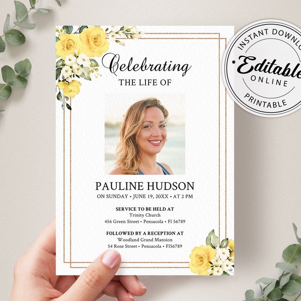 Funeral Announcement Card Template with Yellow Roses, Funeral Invite Template, Editable, Printable Memorial Service/Reception Card Template