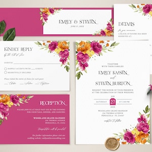 Hot Pink and Orange Wedding Invitation Template Set, Wedding Invite Template Suite • INSTANT DOWNLOAD • Editable, Printable Templates, #138