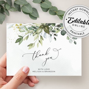 Plantilla de tarjeta de agradecimiento para boda con vegetación, plantilla de nota de agradecimiento, tarjetas de felicitación • DESCARGA INSTANTÁNEA • Plantilla editable e imprimible, A107