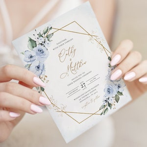 Blaue Hochzeitseinladung, Hochzeitseinladung mit blauen Rosen • SOFORTIGER DOWNLOAD • Bearbeitbare, druckbare Vorlage, #127