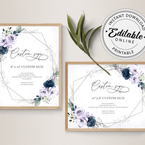 Custom Sign Template with Lavender and navy Blue Roses, Portrait and Landscape • INSTANT DOWNLOAD • Editable, Printable Template, A129