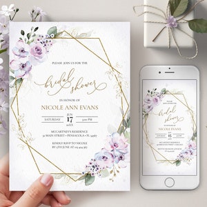 Modèle d'invitation de douche nuptiale lavande, imprimable et modèle d'invitation pour smartphone • TÉLÉCHARGEMENT IMMÉDIAT • Modèle modifiable, n° 101