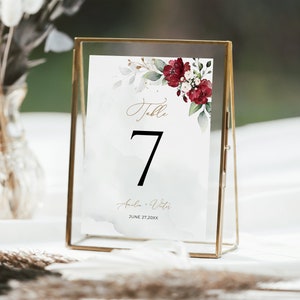 Burgundy Table Number Sign Template, Wedding Table Number Signage • INSTANT DOWNLOAD • Editable, Printable Template, #141