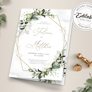 Bi-fold Greenery Wedding Program Template, Order of Service • INSTANT DOWNLOAD • Editable, Printable Template, A105