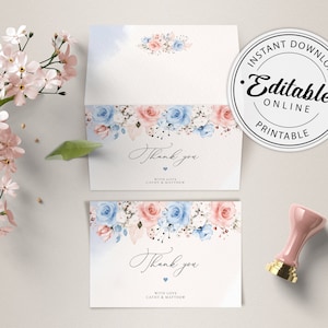 Modelo de cartão de agradecimento de casamento em azul-poeira e rosa-claro, notas de agradecimento, cartões comemorativos • DOWNLOAD INSTANTÂNEO • Modelo para impressão, nº 122
