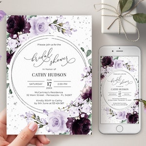Plantilla de invitación para despedida de soltera en tonos morados y lavanda, imprimible y para smartphone • DESCARGA INSTANTÁNEA • Plantilla editable, A124