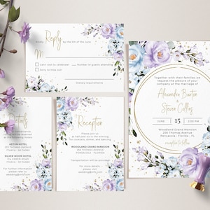 Lavender and Blue Wedding Invitation Template Set, Wedding Invite Template Bundle • INSTANT DOWNLOAD • Editable, Printable Template A100