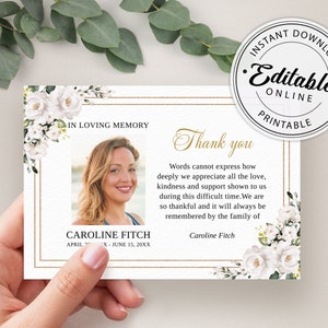 Funeral Thank you Card Template with White Roses, Thank you Notes Template • INSTANT DOWNLOAD • Printable, Editable Template