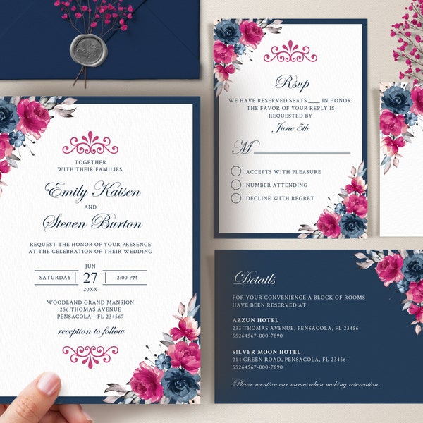 Hot Pink and Navy Blue Wedding Invitation Template Set, Wedding Invite Template Suite • INSTANT DOWNLOAD • Editable, Printable Templates