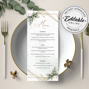 Modelo de cardápio com tema verde (casamento, chá de panela, jantar, brunch, comunhão, batismo) • DOWNLOAD INSTANTÂNEO • Modelo editável e imprimível, A112