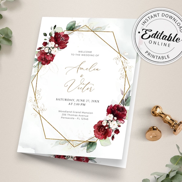 Bi-fold Wedding Program Template with Burgundy Roses, Wedding Order of Service • INSTANT DOWNLOAD • Editable, Printable Template, #141