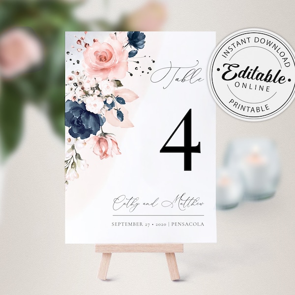 Navy Blue and Blush Pink Table Numbers Template, Wedding Table Number Signs • INSTANT DOWNLOAD • Editable, Printable Template, A120