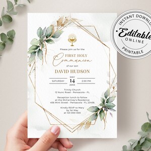 Greenery First Holy Communion Invitation Template • INSTANT DOWNLOAD • Editable, Printable Template A112