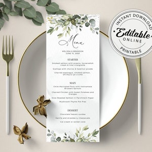 Modello di menu Greenery con eucalipto (matrimonio, addio al nubilato, cena, brunch) • DOWNLOAD IMMEDIATO • Modello modificabile e stampabile, A107