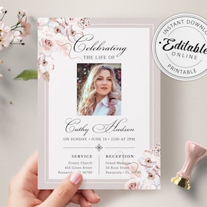 Funeral Announcement Card Template, Funeral Invitation Template, Editable, Printable Memorial Service/Reception Card Template