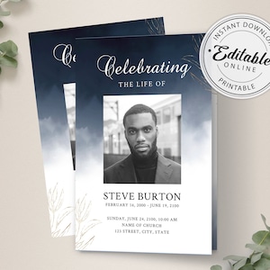 Blue Funeral Program Template | Memorial Program Template | Order of Service | Editable Funeral Program | Obituary Program | Printable
