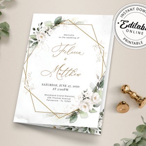 Bi-fold Greenery Wedding Program Template with White Roses, Order of Service • INSTANT DOWNLOAD • Editable, Printable Template, A109