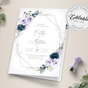 Gefaltetes Hochzeitsprogramm mit Lavendel und marineblauen Rosen, Ordnung des Service • SOFORTIGER DOWNLOAD • Bearbeitbare, druckbare Vorlage, A129