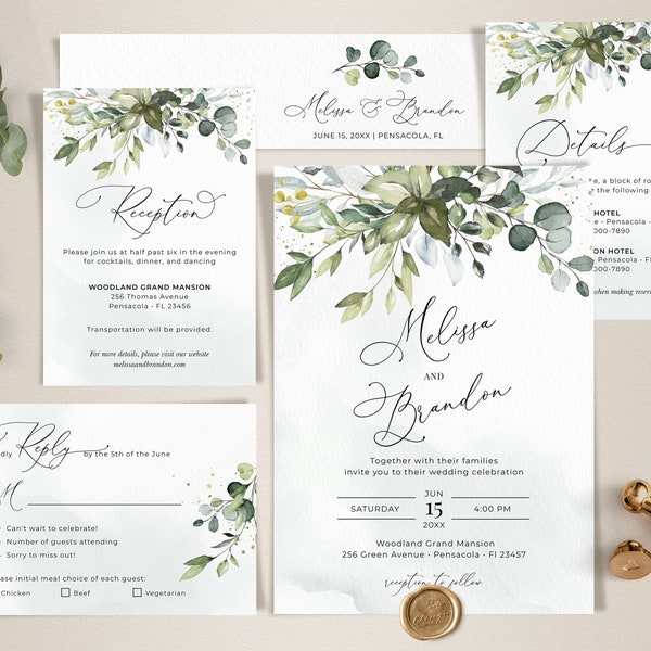 Boho Greenery Wedding Invitation Template Set, Bohemian Wedding Template Suite • INSTANT DOWNLOAD • Editable, Printable Template, A107