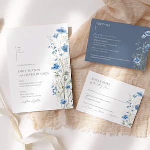 Blue Wildflowers Wedding Invitation Suite Template, Szablon zestawu zaproszeń ślubnych • NATYCHMIASTOWE POBIERANIE • Do druku, edytowalny szablon, #147