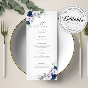 Navy Blue and Lavender Menu Template (Wedding, Bridal Shower, Dinner, Brunch) • INSTANT DOWNLOAD • Editable, Printable Template, A129