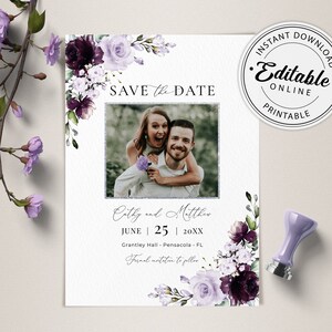 Paars en lavendel Save the Date-sjabloon met foto, bloemen Save the Date-sjabloon • DIRECT DOWNLOADEN • Bewerkbare, afdrukbare sjabloon, A124