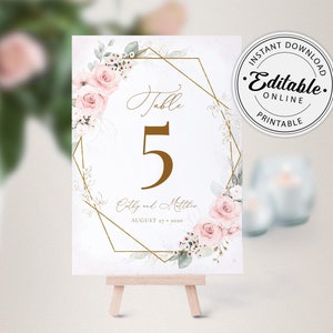 Modelo de números de mesa de casamento rosa claro, números de mesa florais • DOWNLOAD INSTANTÂNEO • Modelo editável e imprimível, nº 126