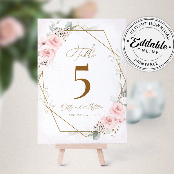 Light Pink Wedding Table Numbers Template, Floral Table Numbers • INSTANT DOWNLOAD • Editable, Printable Template, #126