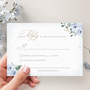 Modèle de carte RSVP bleu poussiéreux, modèle de carte de réponse de mariage • TÉLÉCHARGEMENT IMMÉDIAT • Modèles modifiables et imprimables, #127