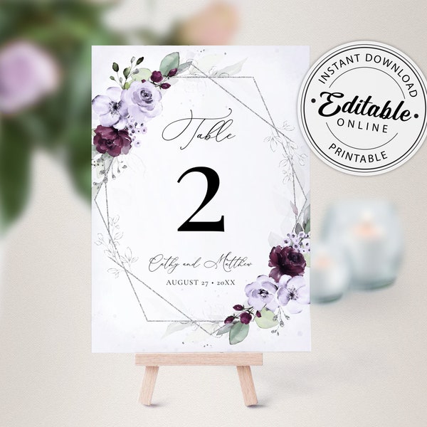 Lavender and Purple Wedding Table Numbers Template, Floral Table Numbers • INSTANT DOWNLOAD • Editable, Printable Template, A133