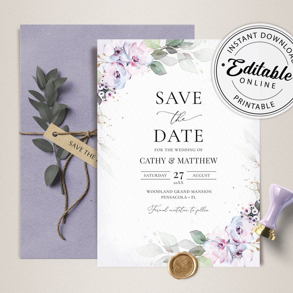 Lavender Save the Date Template, Floral Save the Date Template • INSTANT DOWNLOAD • Editable, Printable Template, #101