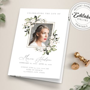 Funeral Program Template, Floral Memorial Program, Editable Memorial Service Template, Order Of Service, Printable Funeral Program