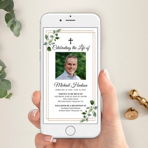 Anúncio eletrônico de funeral, convite eletrônico de funeral para smartphones, convite eletrônico para celebração da vida, convite eletrônico editável