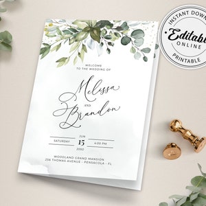 May include: A printable wedding invitation template with a watercolor design featuring green leaves and gold accents. The text reads "Welcome to the wedding of Melissa and Brandon" with the date and time of the wedding. The invitation is for a wedding at the Woodland Grand Mansion in Pensacola, Florida.