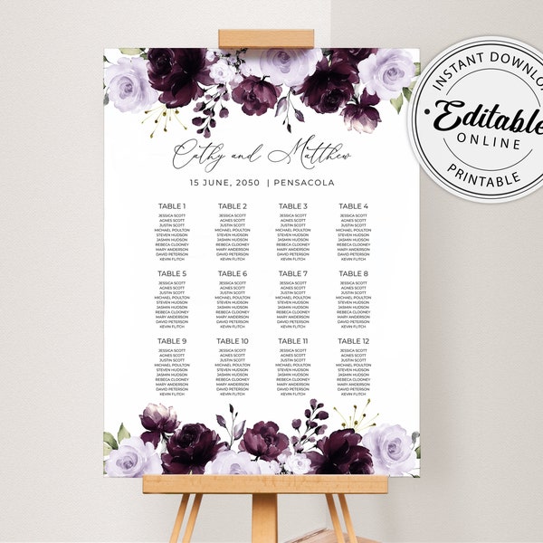 Purple Wedding Seating Chart Template, Dark Plum and Lavender Wedding Seating Plan • INSTANT DOWNLOAD • Editable, Printable Template, A124