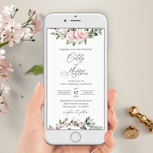 Elektronische Hochzeitseinladung, Hochzeitseinladung mit Pinken Rosen, Hochzeitseinladung für Smartphones, A110