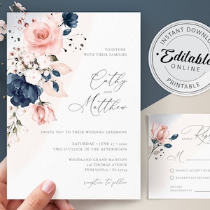 Modèle de faire-part de mariage bleu marine et rose poudré, invitation et modèle de carte RSVP • TÉLÉCHARGEMENT IMMÉDIAT • Modèle modifiable, imprimable, A120