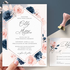 Modèle et carte RSVP de faire-part de mariage bleu marine et rose poudré, modèles d'invitation de mariage • TÉLÉCHARGEMENT IMMÉDIAT • Modèles modifiables, A120