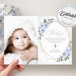 Modello di biglietto di ringraziamento per battesimo con rose blu, modello di nota di ringraziamento • DOWNLOAD IMMEDIATO • Modelli modificabili e stampabili, n. 127