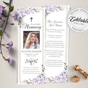 Lavender Funeral Bookmark Template, Celebration of Life Bookmark, Funeral Keepsake Cards, Memorial Card for Remembrance